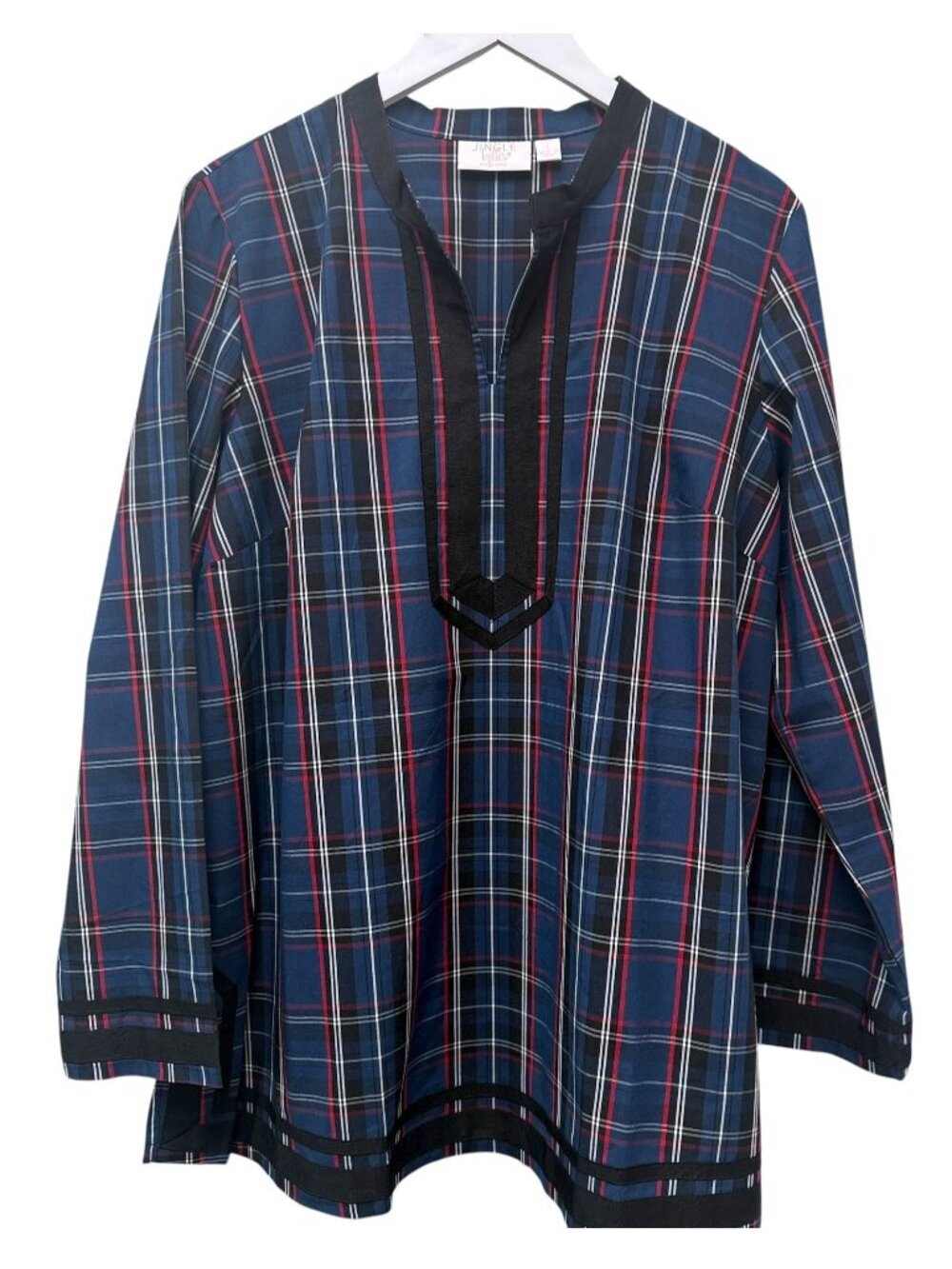 Kim Gravel Plaid Tunic Top Size Large Blue Tartan Blouse Preppy Womens NWOT